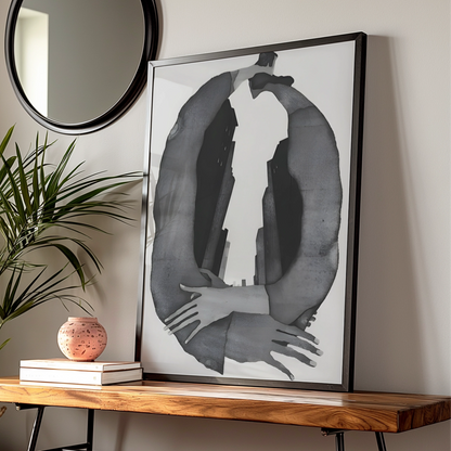 Abstract Figure Embrace Monochrome Wall Art, Black and White Modern Print, Gallery Wall Poster — Digital Download