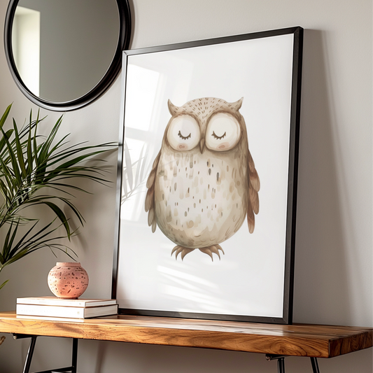 Nursery Owl Wall Art Print, Cute Watercolour Baby Poster, Woodland Animal Decor