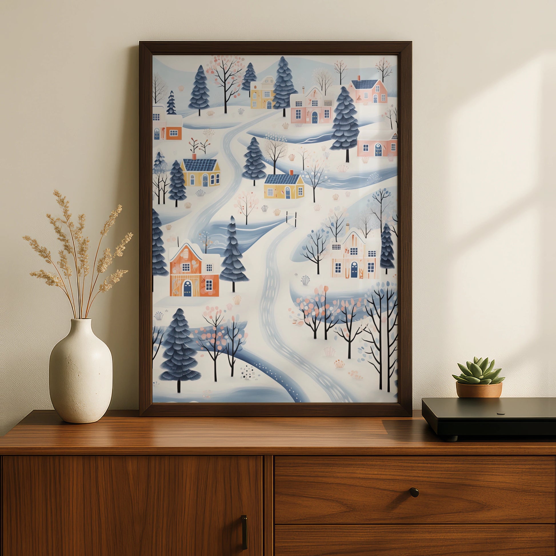 Christmas Village Poster, Snowy Winter Town Wall Art, Scandi Festive Print, Pastel Blue