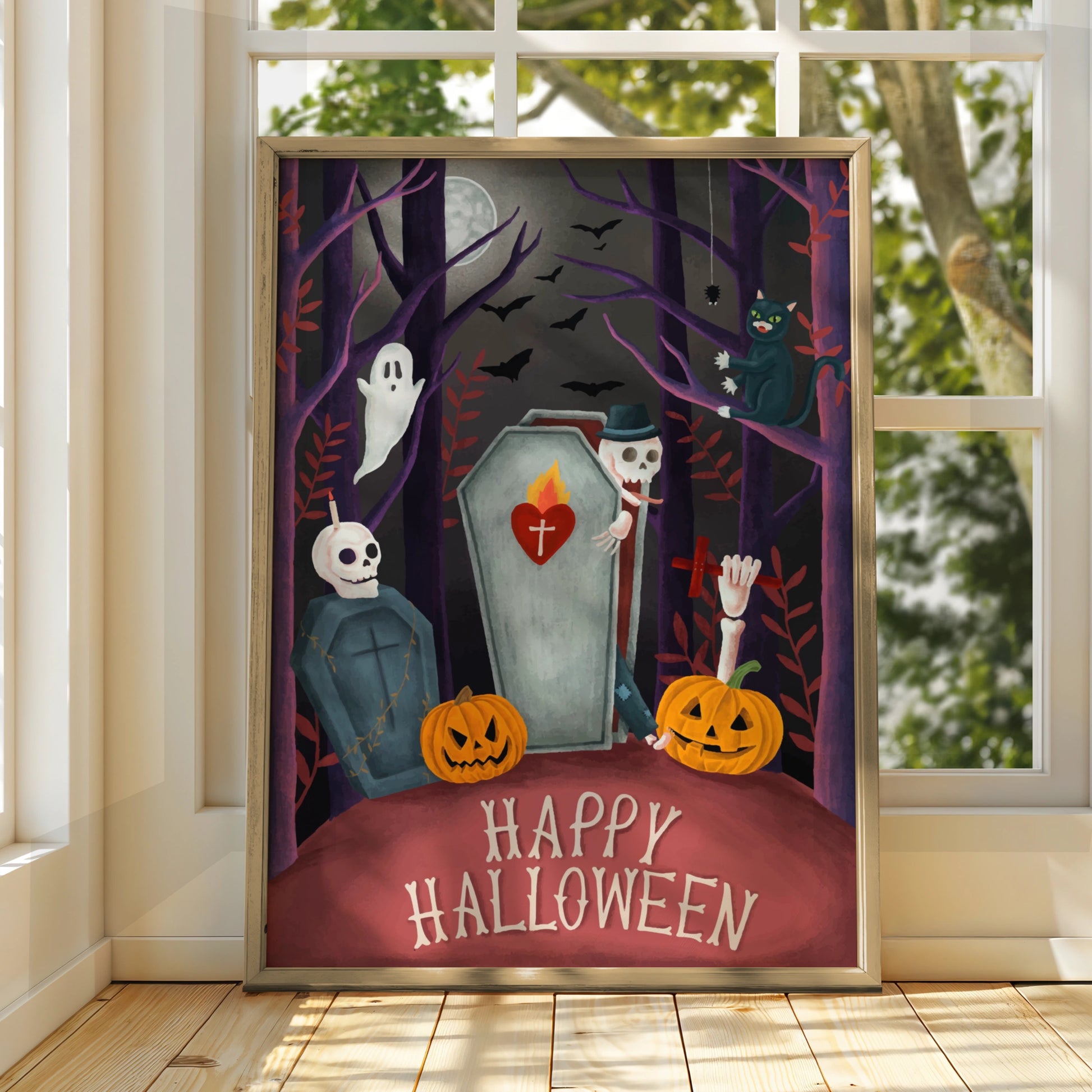 Happy Halloween Poster, Spooky Graveyard Wall Art, Ghost Skeleton Pumpkin Print, Gothic Decor