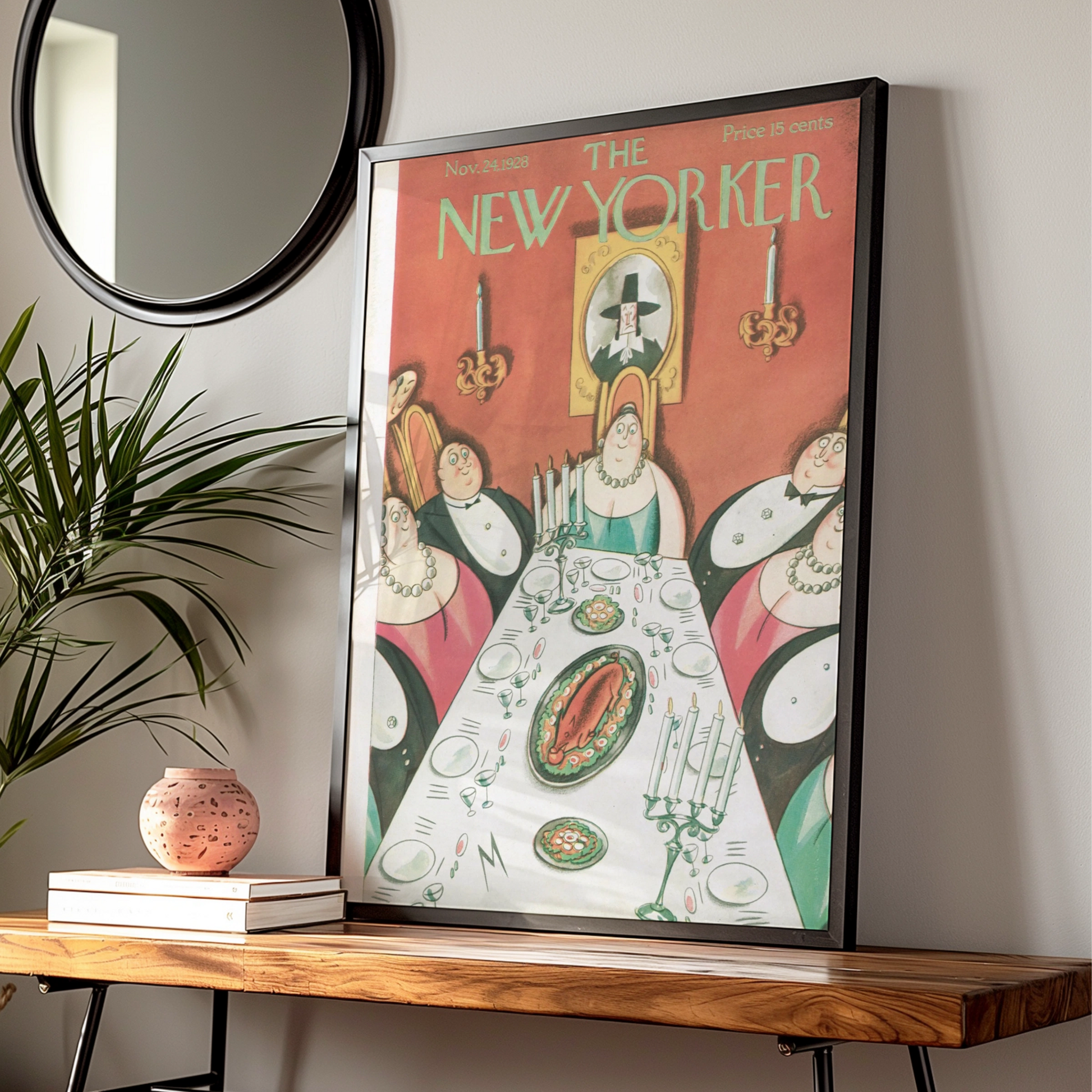 New Yorker 1928 Thanksgiving Dinner Party Cover Art Poster, Vintage Illustration Print