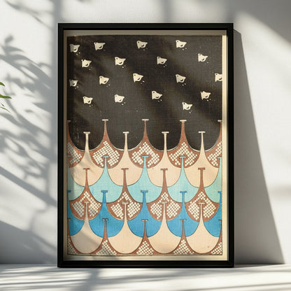 Japanese Woodblock Wall Art, Vintage Birds Print, Bijutsukai 1901, Japandi Poster – A4 Black frame