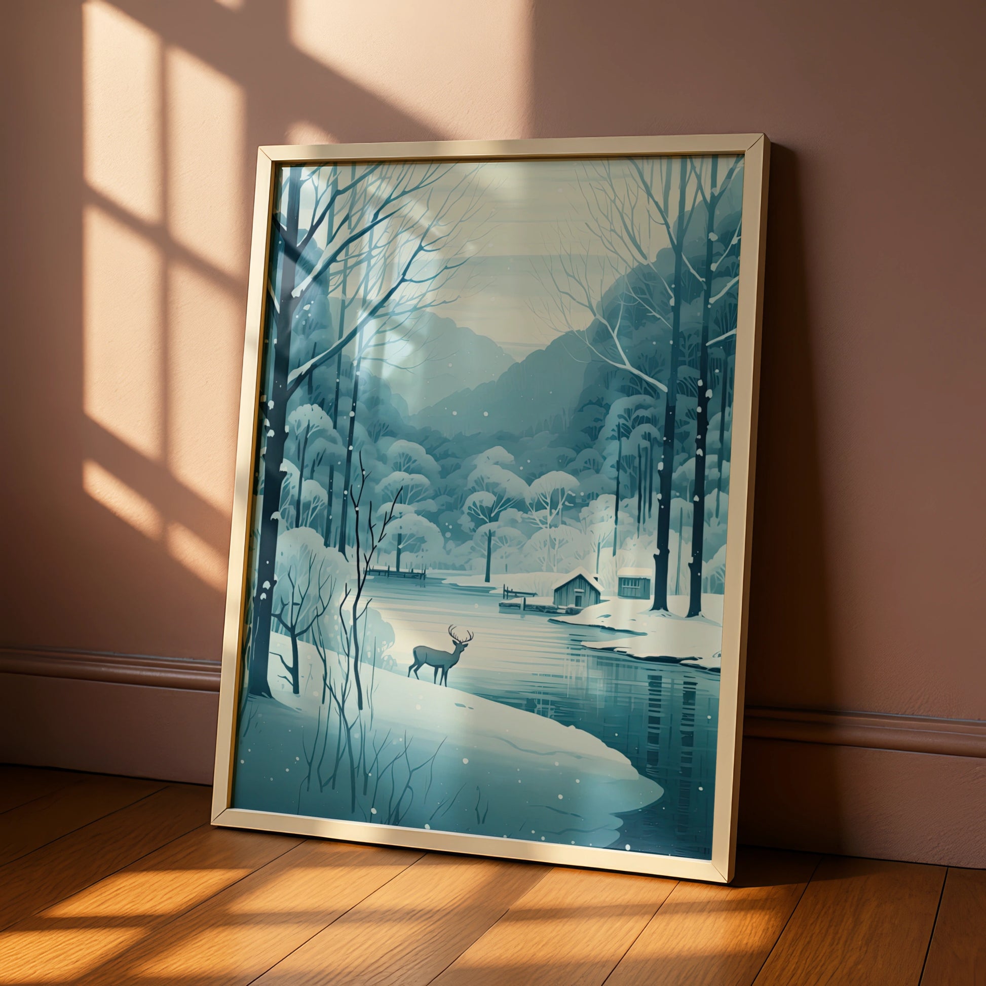 Christmas Winter Deer Poster, Snowy Forest Lake Scene, Blue Festive Wall Art Print
