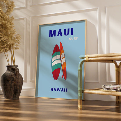 Maui Hawaii Surf Travel Poster, Retro Surfboard Wall Art, Hawaiian Beach Print