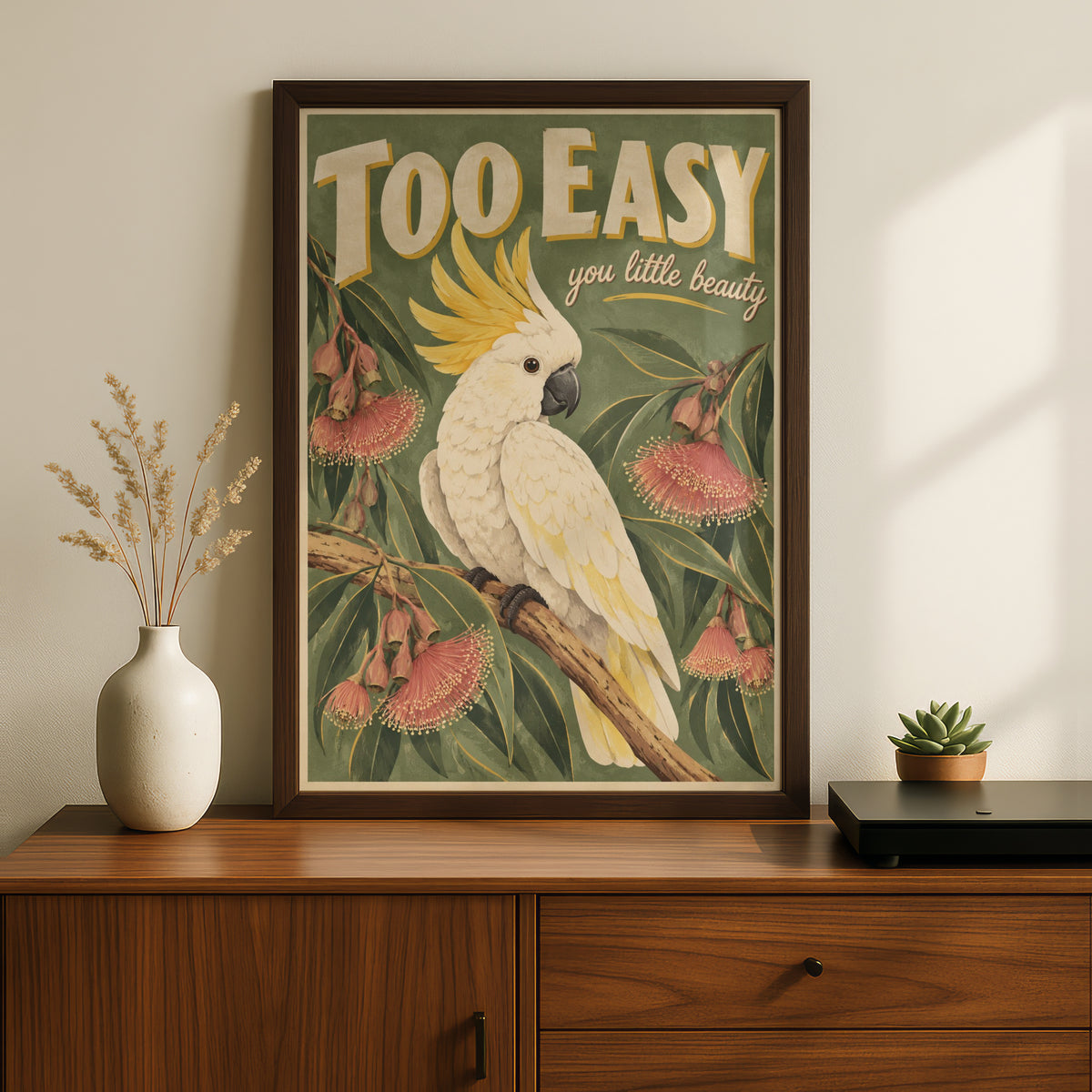 Cockatoo Australian Wall Art, Retro Style Sulphur Crested Bird Print, Aussie Wildlife Poster