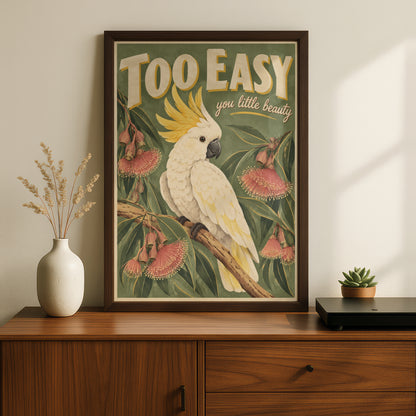 Cockatoo Australian Wall Art, Retro Style Sulphur Crested Bird Print, Aussie Wildlife Poster