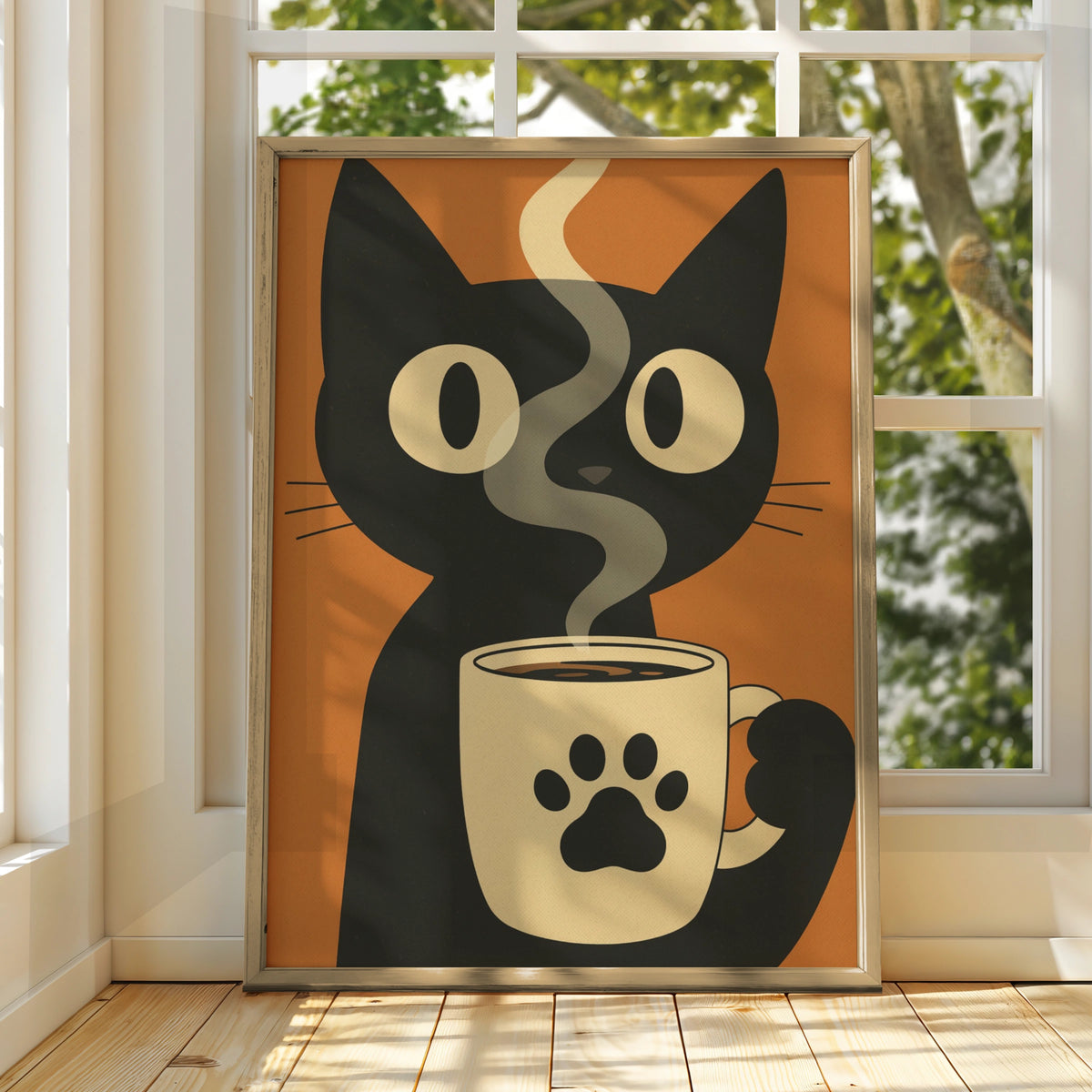 Black Cat Coffee Cartoon Poster, Funny Cat Wall Art, Retro Quirky Print, Kitchen Decor