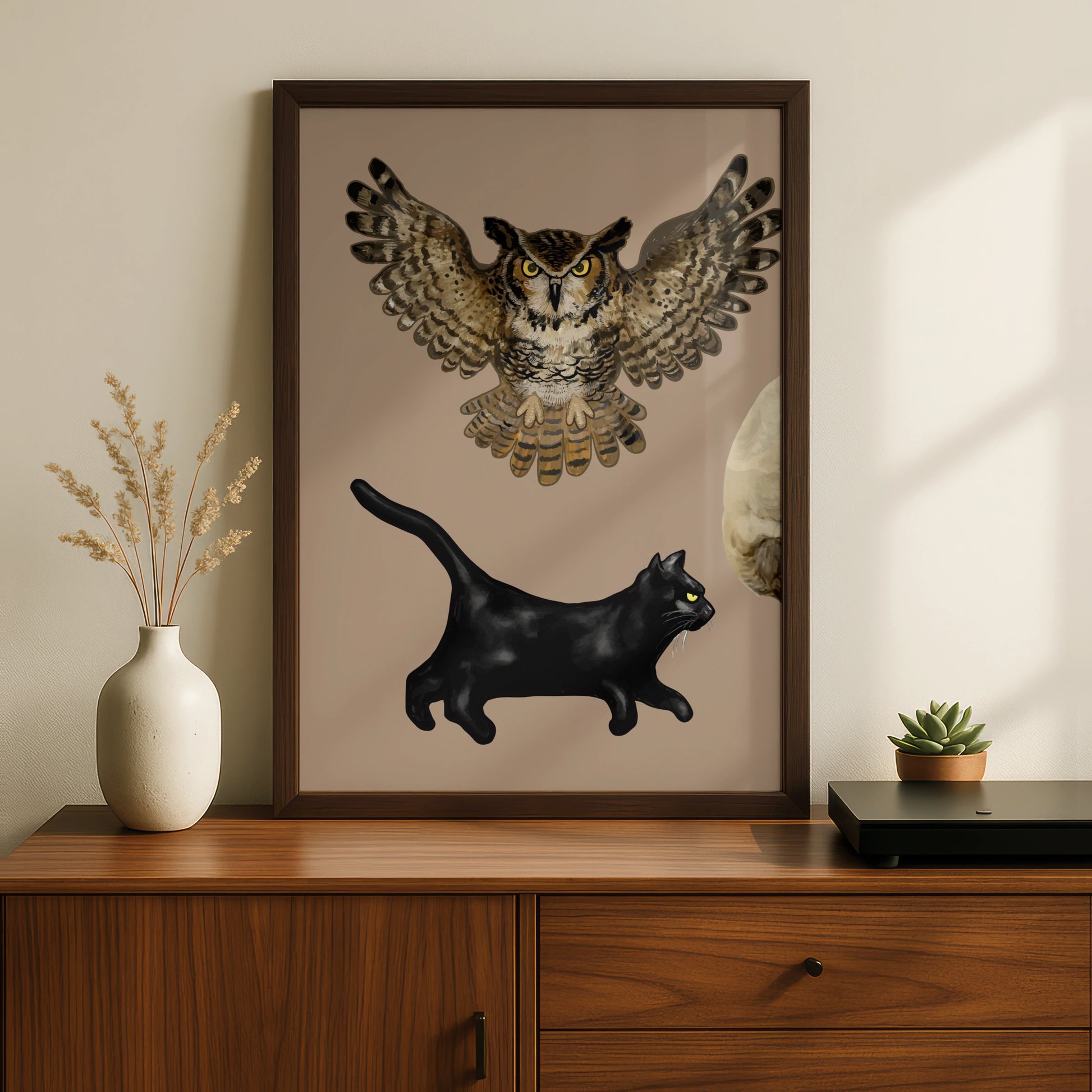 Halloween Owl Black Cat Poster, Spooky Moon Wall Art, Witch Familiar Print, Gothic Home Decor