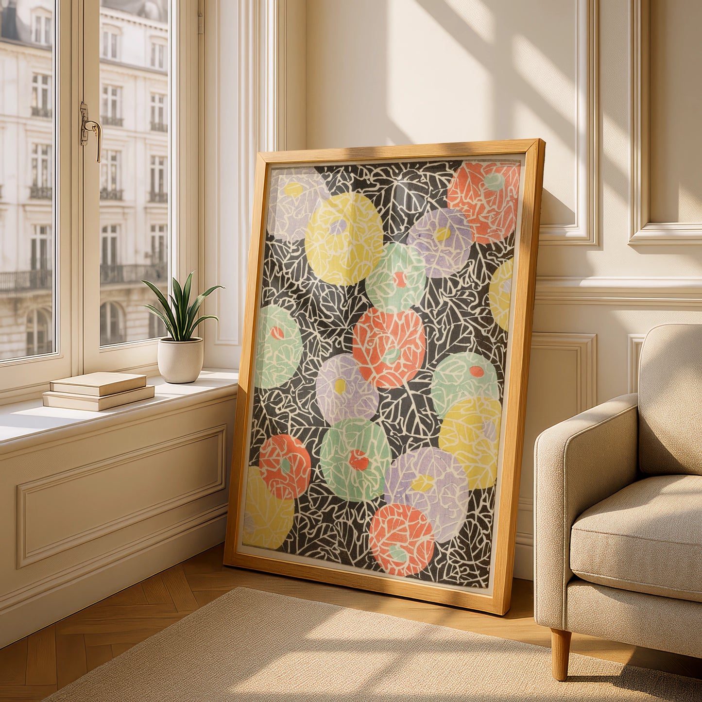 Japanese Botanical Print, Vintage Woodblock Wall Art, Floral Japandi Poster, Colourful Leaf Pattern – A5 Oak frame