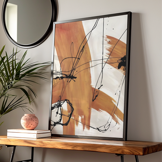 Abstract Brush Stroke Wall Art, Terracotta Black Line Print, Modern Neutral Poster