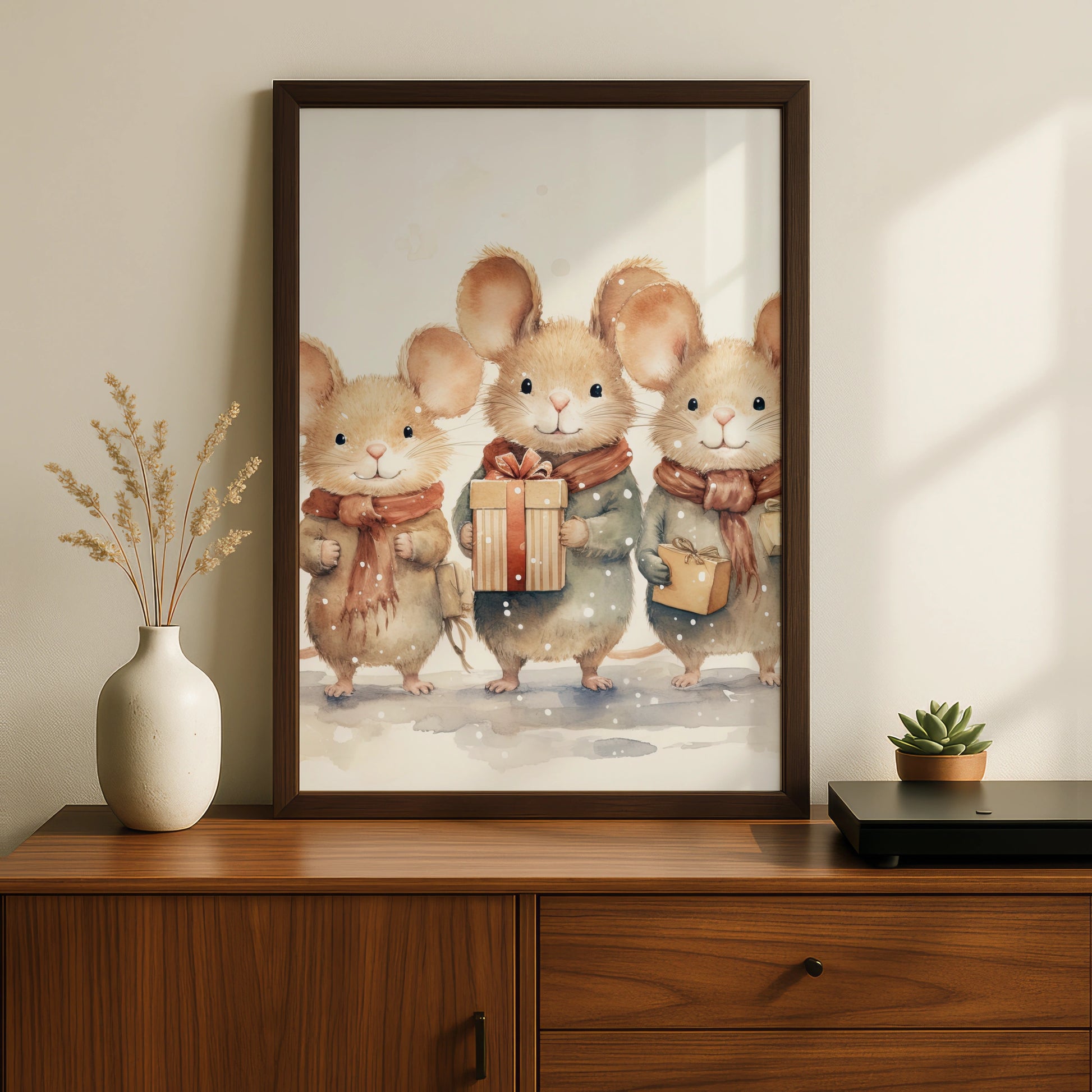 Christmas Mouse Poster, Cute Mice with Gifts Winter Wall Art, Watercolour Xmas Animal Print