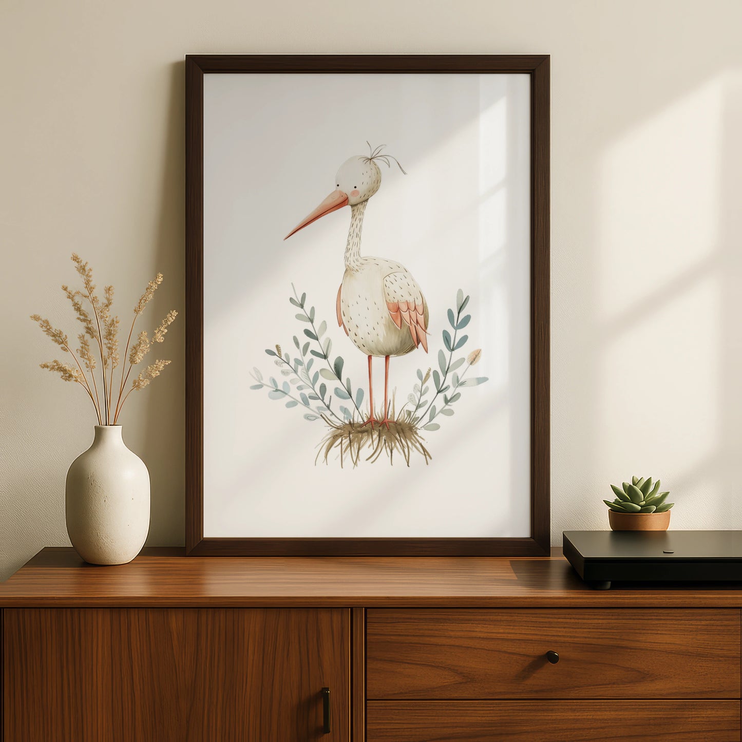 Stork Nursery Wall Art, Cute Bird Print, Baby Room Poster, Boho Neutral Decor