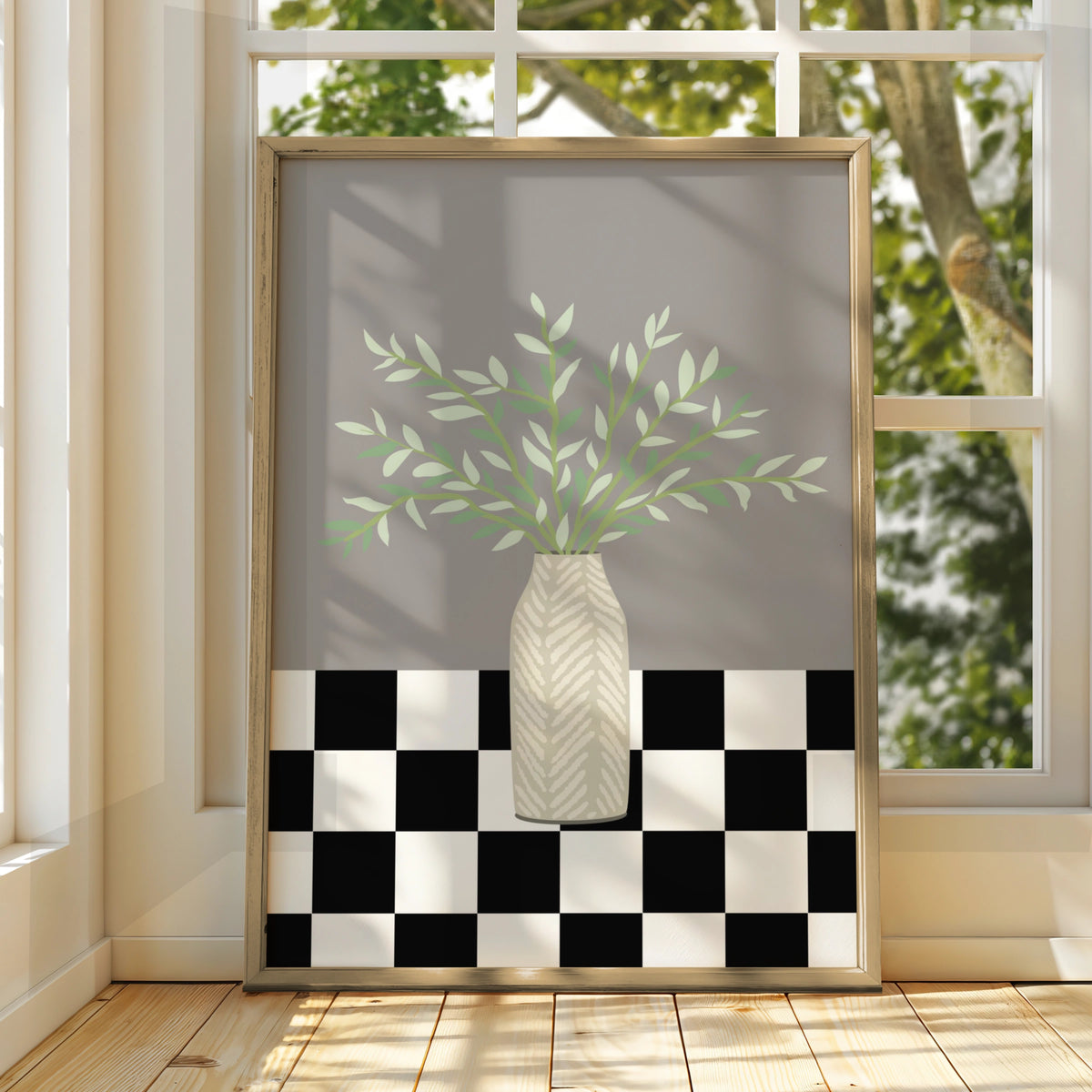 Matisse Style Botanical Vase Poster, Green Leaves Grey Wall Art, Checkerboard Print