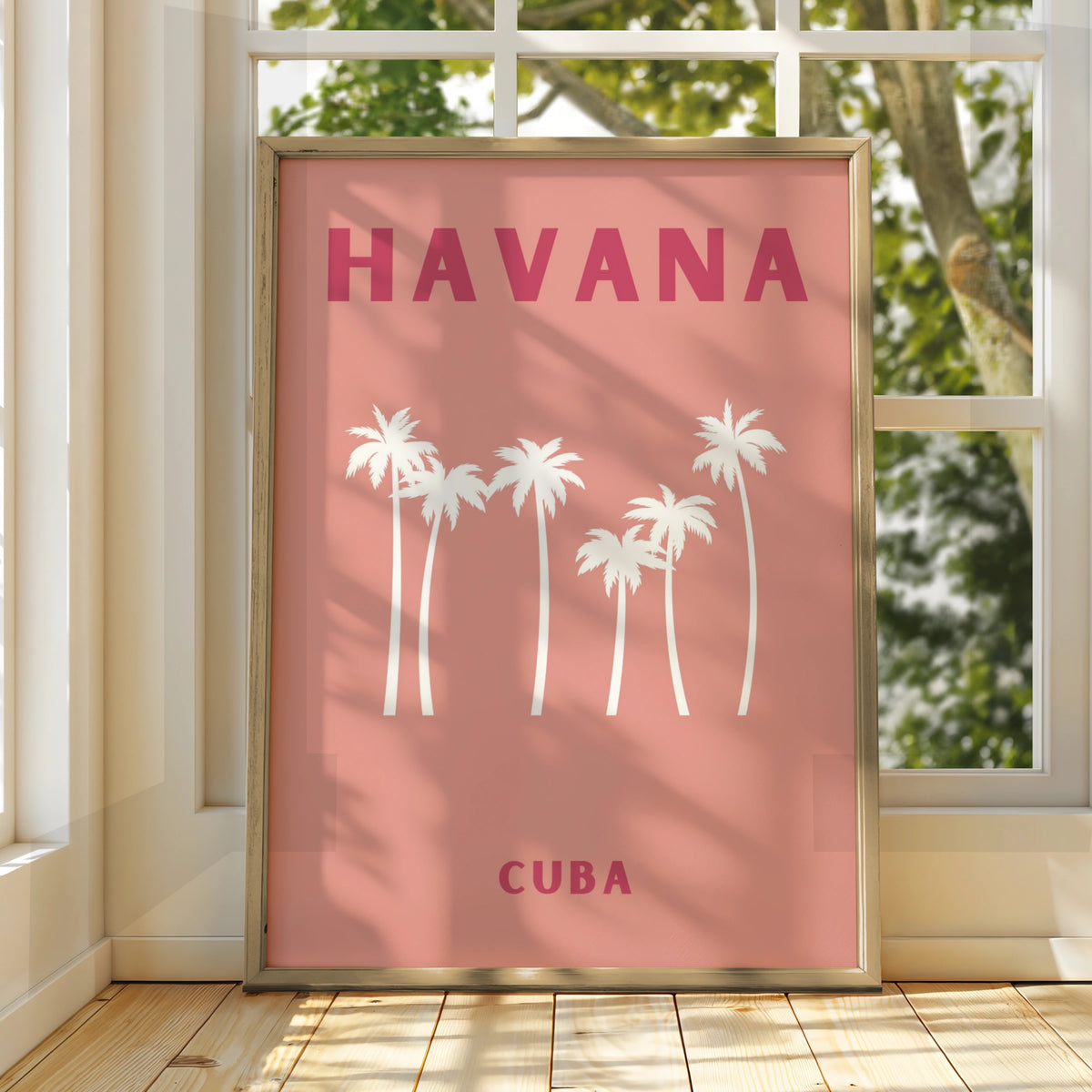 Havana Cuba Travel Poster, Retro Palm Tree Wall Art, Pink Tropical Print