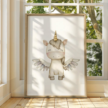 Unicorn Nursery Wall Art, Cute Pegasus Poster, Girls Bedroom Print, Boho Baby Decor
