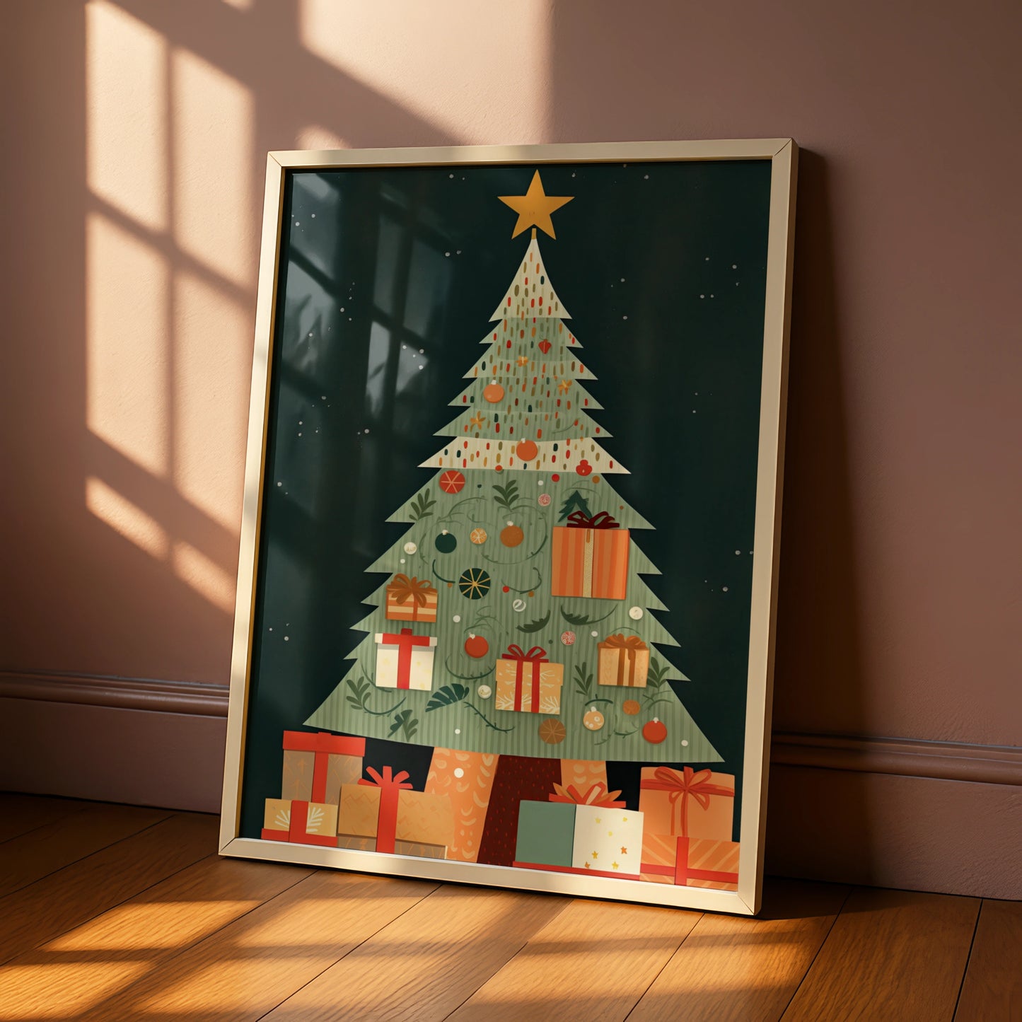 Christmas Tree Poster, Festive Gift Wall Art, Retro Xmas Print, Green Red Holiday Home Decor