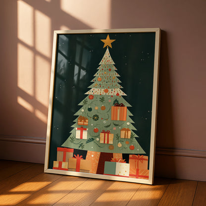 Christmas Tree Poster, Festive Gift Wall Art, Retro Xmas Print, Green Red Holiday Home Decor
