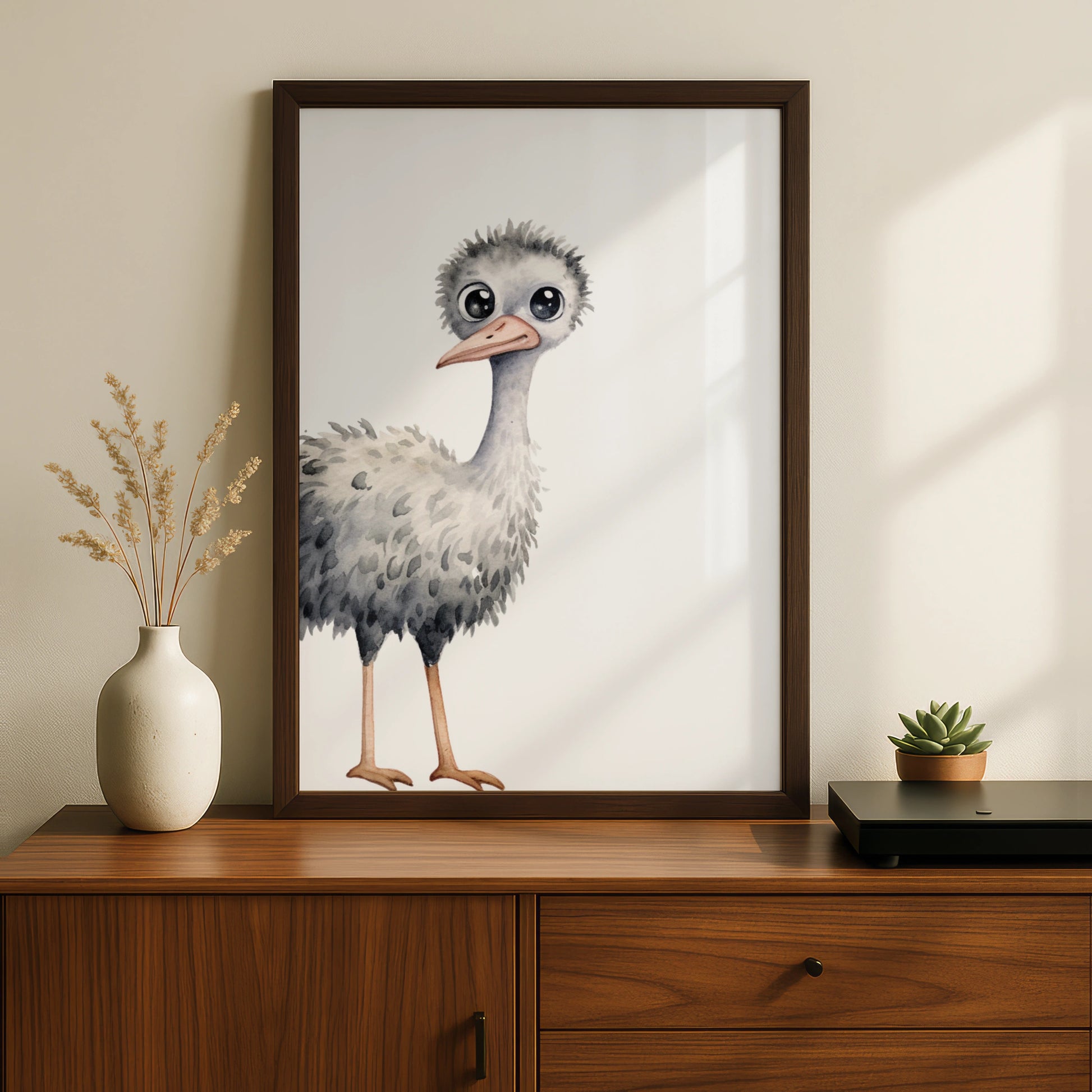 Baby Ostrich Nursery Wall Art, Cute Watercolour Bird Print, Children's Animal Poster