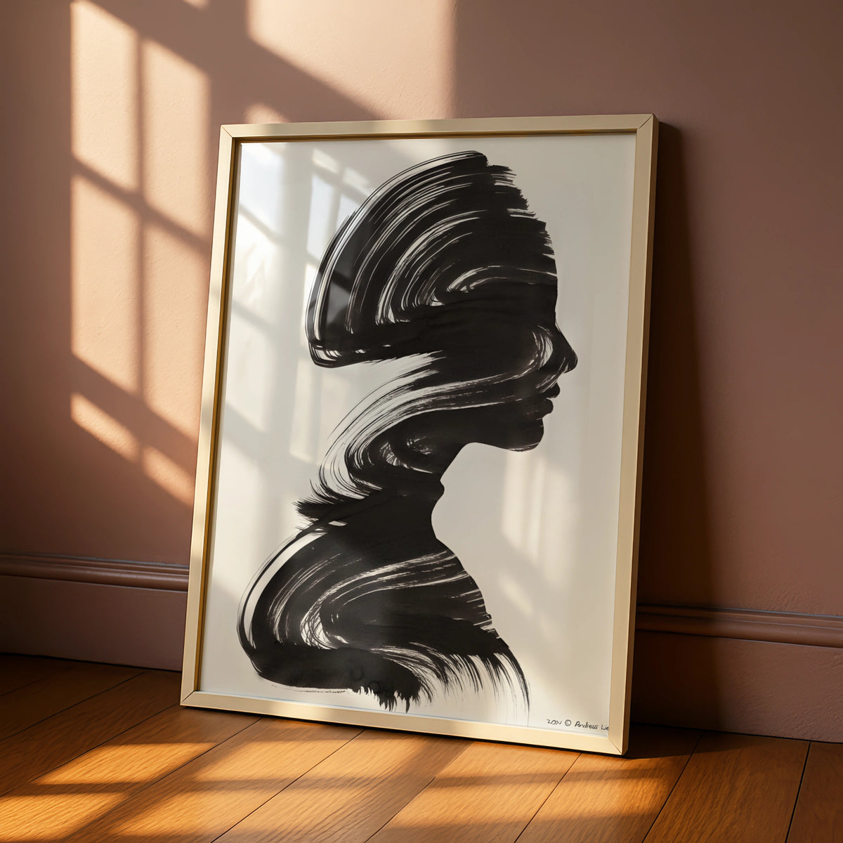 Female Silhouette Monochrome Wall Art, Black and White Portrait Poster, Modern Brush Stroke Print