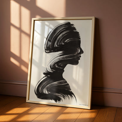 Female Silhouette Monochrome Wall Art, Black and White Portrait Poster, Modern Brush Stroke Print