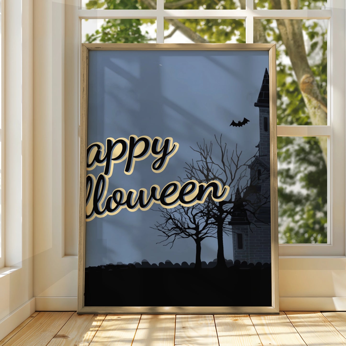 Happy Halloween Haunted House Poster, Spooky Castle Bats Full Moon Wall Art Print