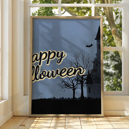Happy Halloween Haunted House Poster, Spooky Castle Bats Full Moon Wall Art Print