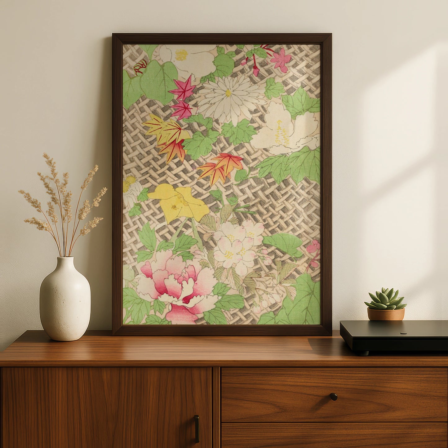 Japanese Botanical Print, Vintage Floral Wall Art, Bijutsukai 1901 Woodblock Poster – A5 Black frame