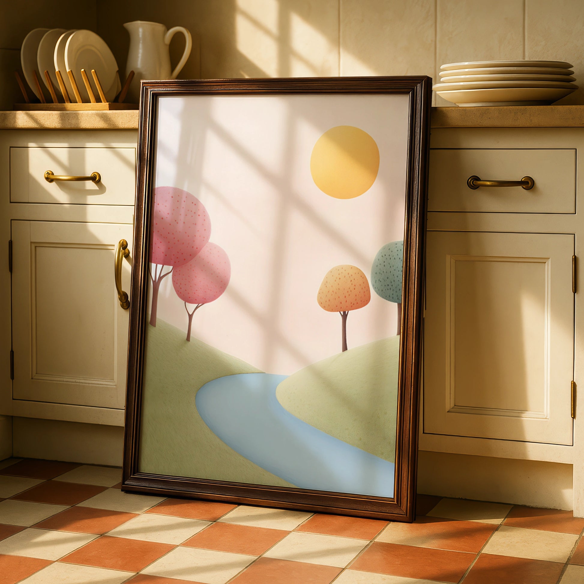 Nursery Wall Art Pastel Landscape Print, Colourful Trees River Sun Kids Room Poster