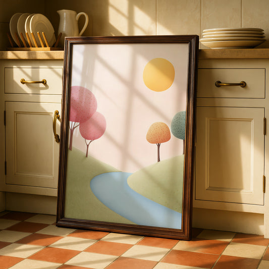 Nursery Wall Art Pastel Landscape Print, Colourful Trees River Sun Kids Room Poster