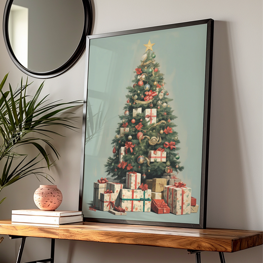 Christmas Tree Poster, Festive Gifts Wall Art, Vintage Style Xmas Print, Holiday Home Decor