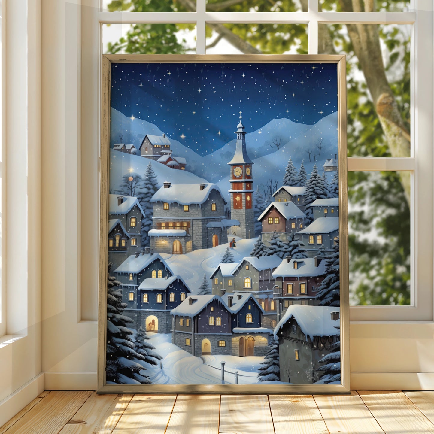 Christmas Village Poster, Snowy Winter Night Wall Art, Clock Tower Scene, Festive Holiday Print