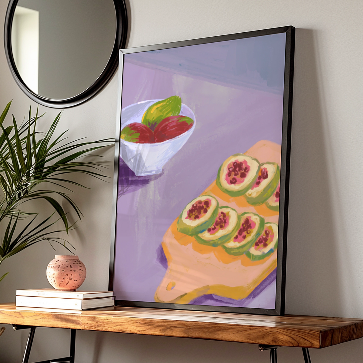 Maximalist Fruit Still Life Poster, Bold Kitchen Wall Art, Fig Cutting Board Print, Colourful
