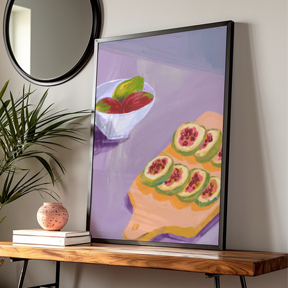 Maximalist Fruit Still Life Poster, Bold Kitchen Wall Art, Fig Cutting Board Print, Colourful