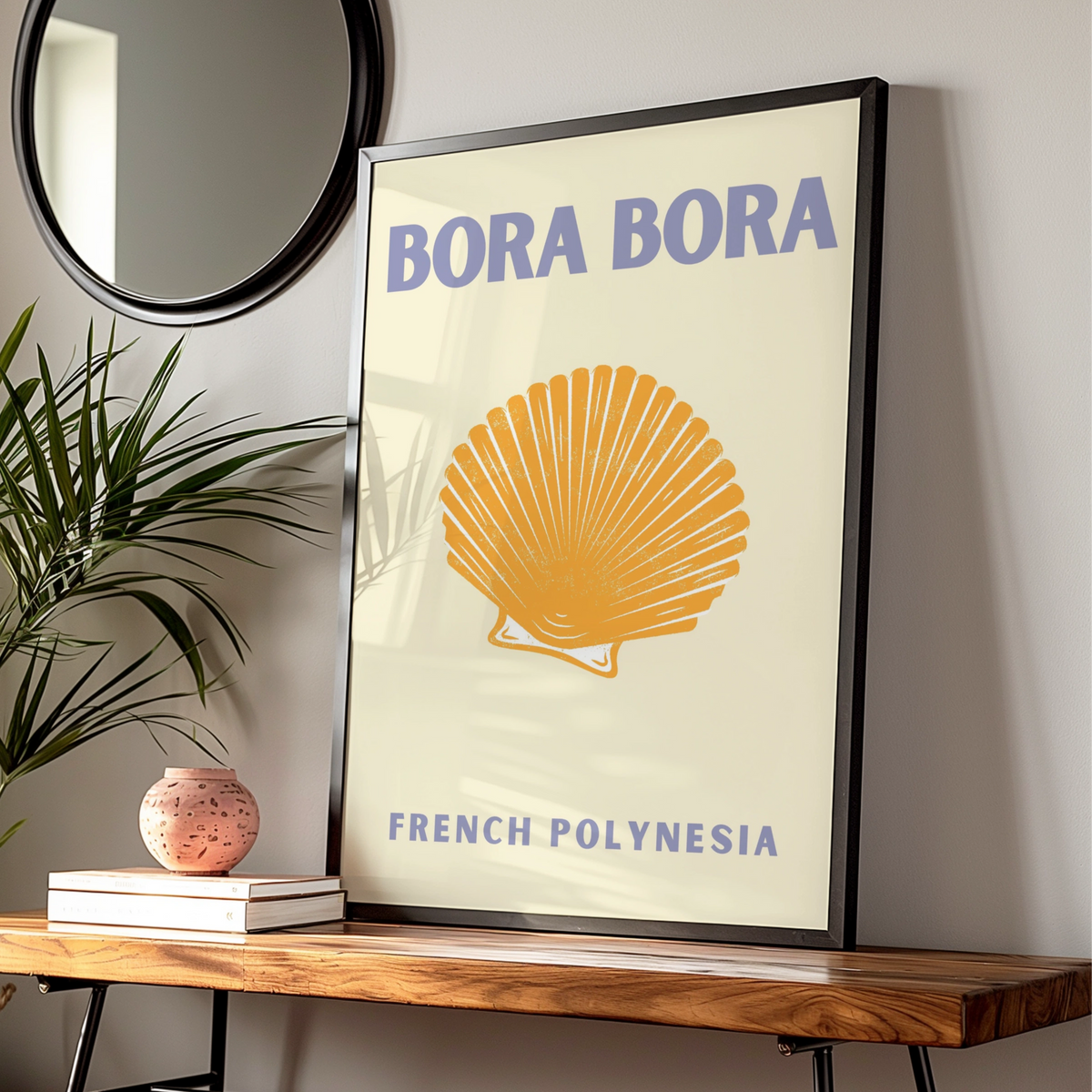 Bora Bora Travel Poster, French Polynesia Wall Art, Retro Shell Print, Coastal Decor