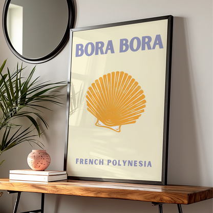 Bora Bora Travel Poster, French Polynesia Wall Art, Retro Shell Print, Coastal Decor