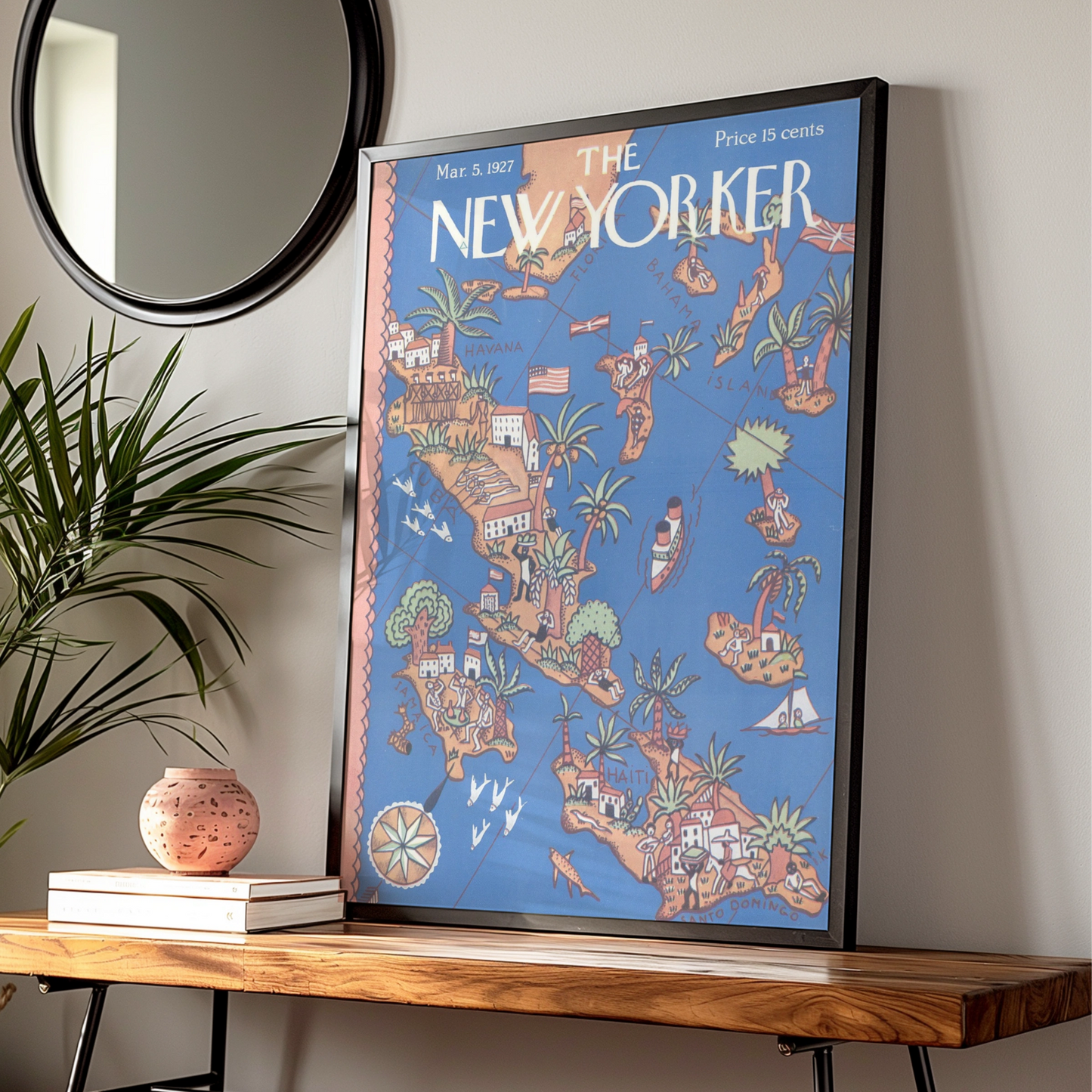 New Yorker 1927 Caribbean Map Cover Poster, Havana Cuba Jamaica Haiti Vintage Art