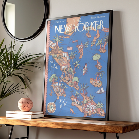 New Yorker 1927 Caribbean Map Cover Poster, Havana Cuba Jamaica Haiti Vintage Art