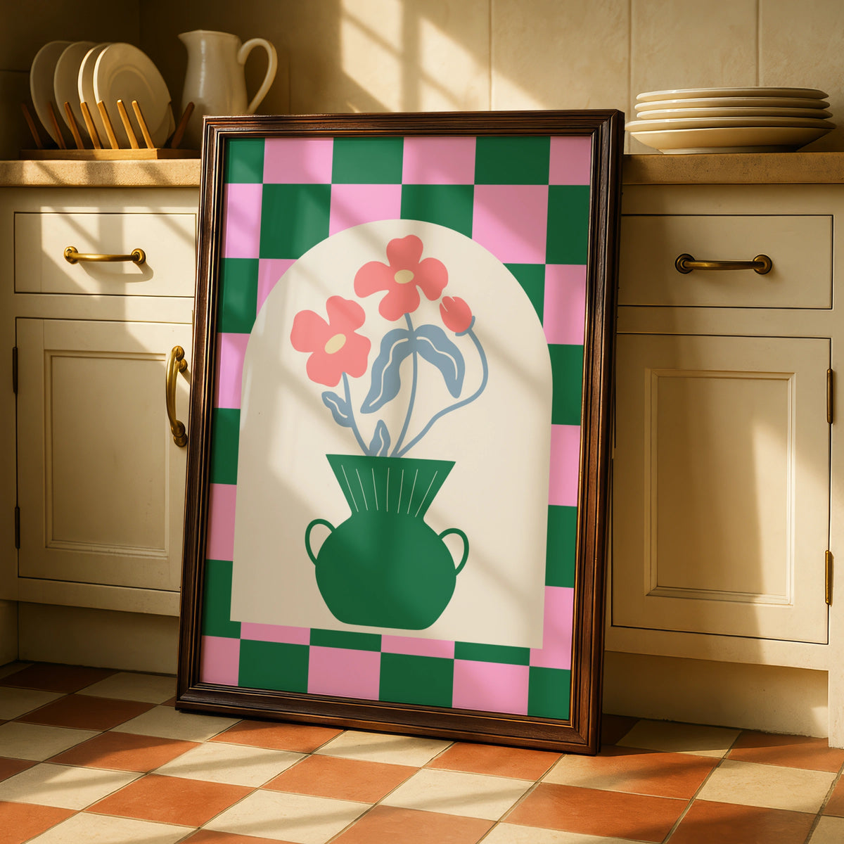 Maximalist Floral Vase Poster, Bold Checkerboard Wall Art, Pink Green Flower Print