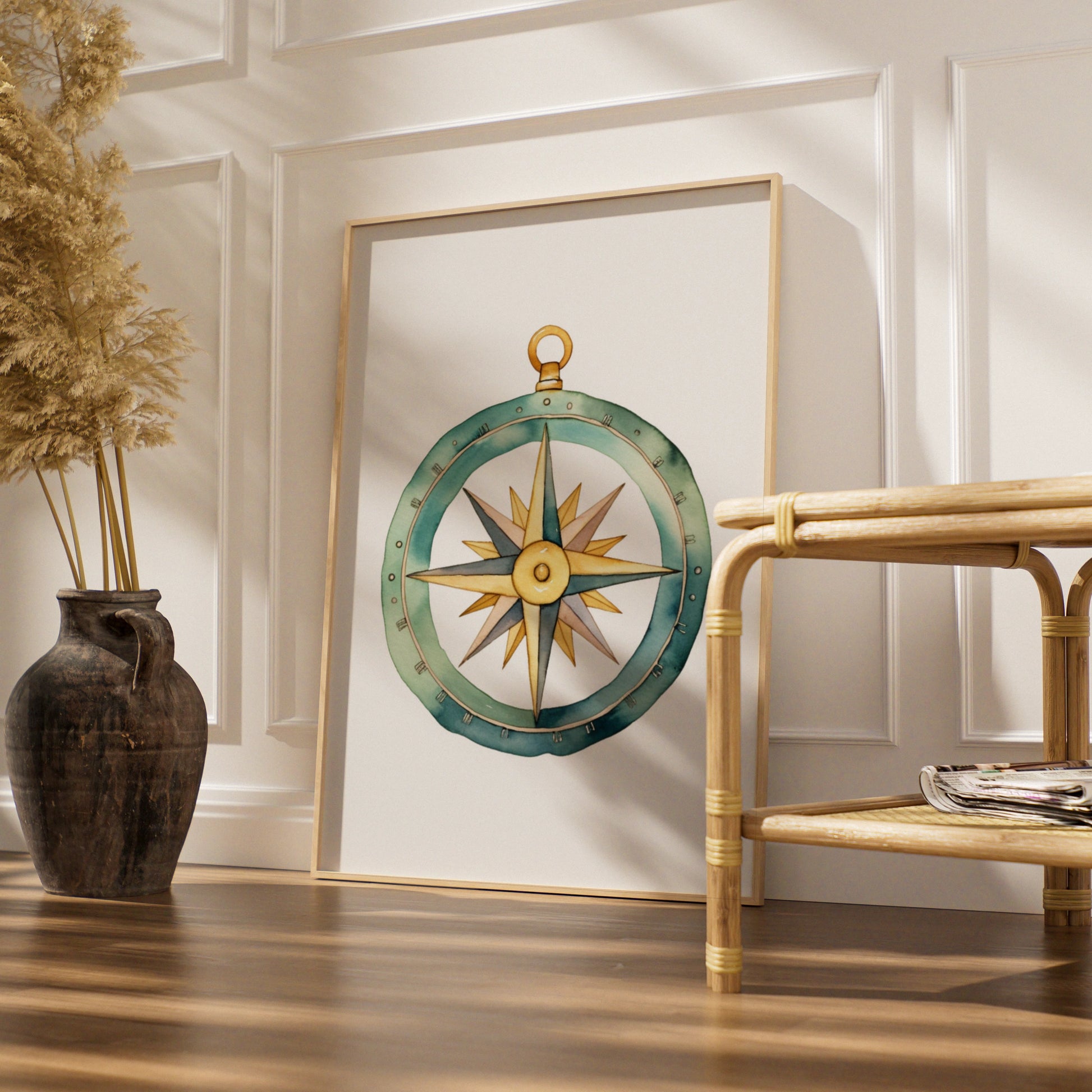 Compass Nursery Wall Art, Watercolour Adventure Poster, Teal Gold Boys Room Print