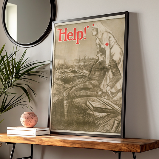 WWI Red Cross Nurse Help Poster, Vintage War Propaganda Wall Art Print, History