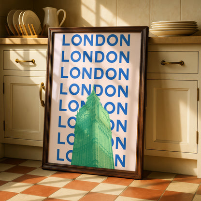 London Travel Poster, Big Ben Wall Art, Retro City Print, UK Bold Pink Blue Decor
