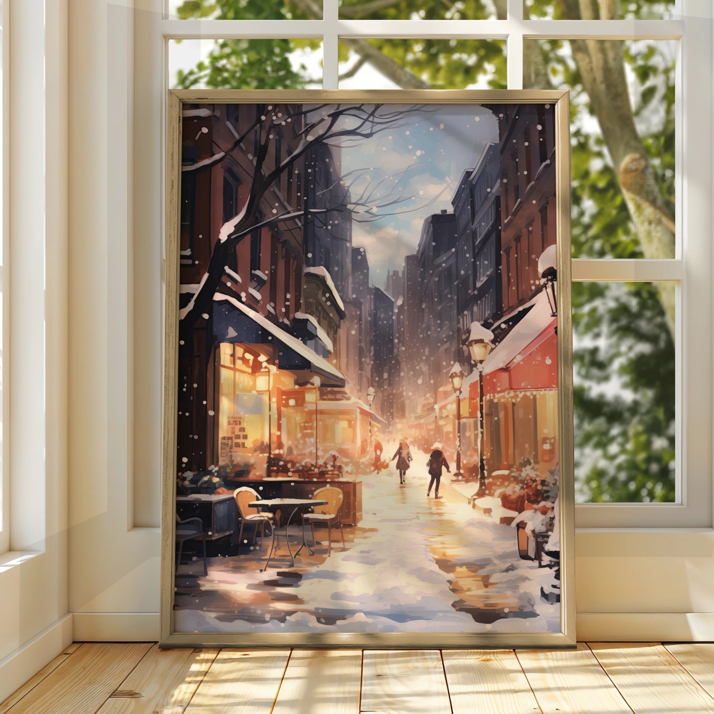 Christmas City Street Poster, Snowy Winter Scene Wall Art, Festive Holiday Print, Cosy Xmas Decor