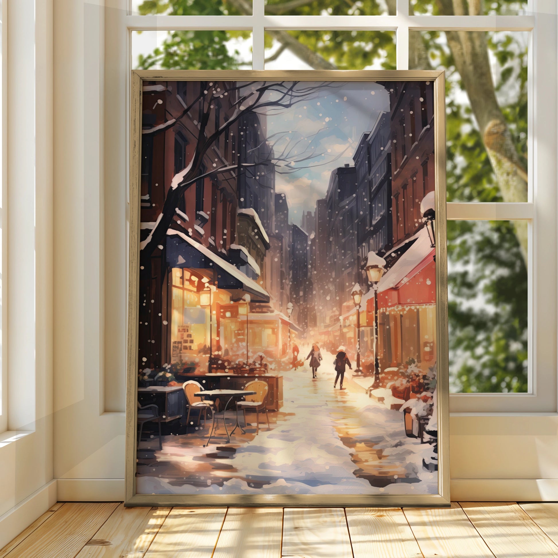 Christmas City Street Poster, Snowy Winter Scene Wall Art, Festive Holiday Print, Cosy Xmas Decor