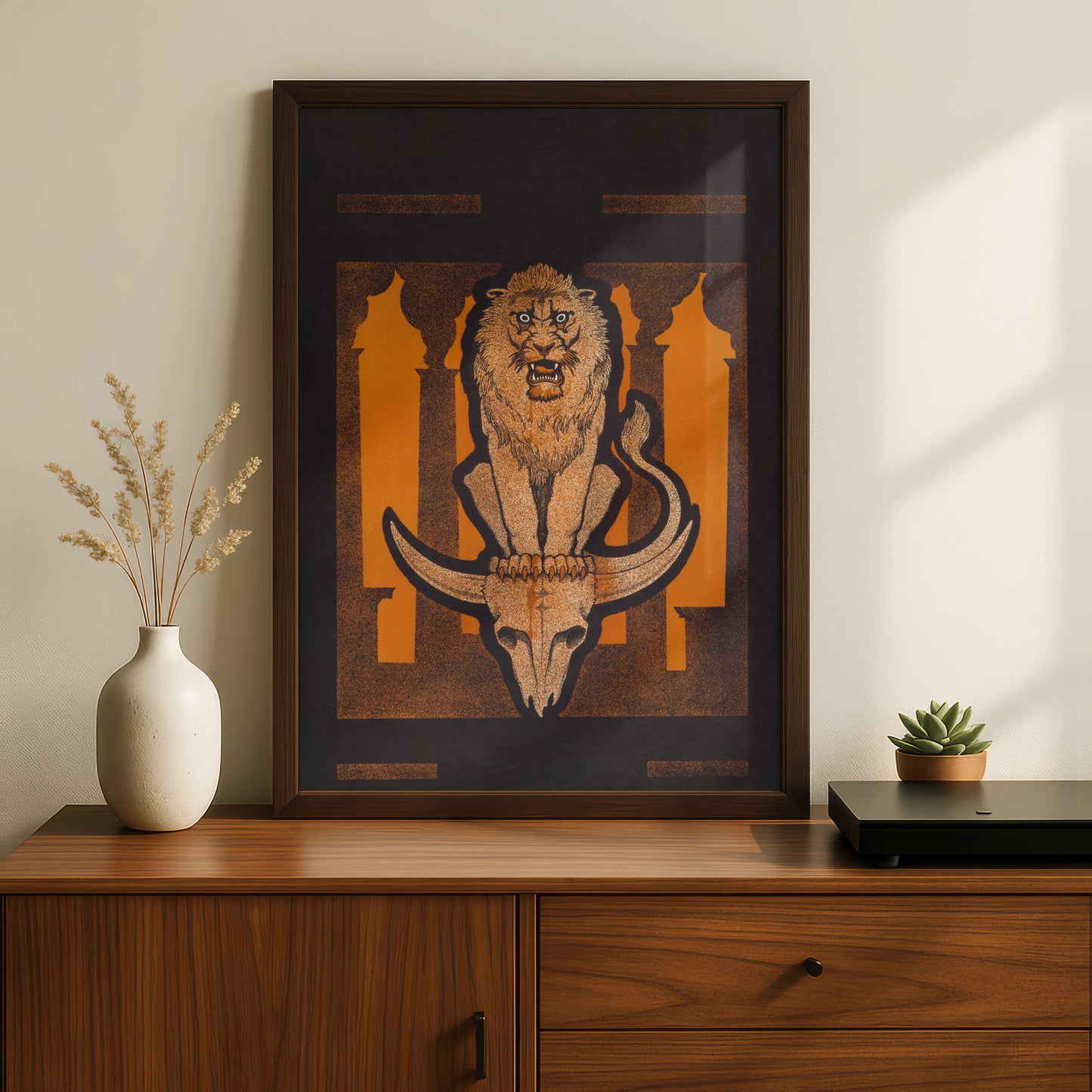 Halloween Lion Skull Art Print, Dark Gothic Poster, Orange Black Occult Wall Art