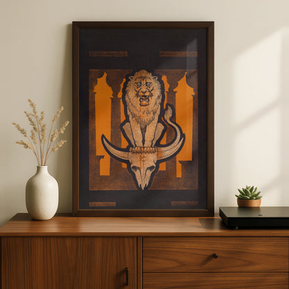 Halloween Lion Skull Art Print, Dark Gothic Poster, Orange Black Occult Wall Art