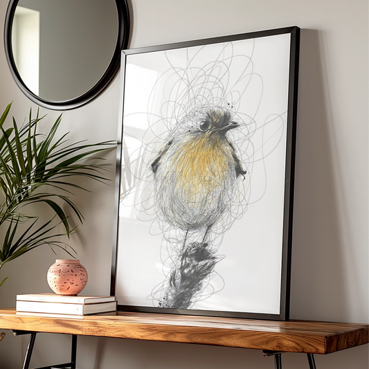Robin Bird Sketch Art, Monochrome Wall Art, Black and White Bird Poster, Modern Print