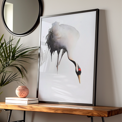 Red-Crowned Crane Print, Japanese Ink Art, Monochrome Bird Poster, Modern Wall Decor — Digital Download