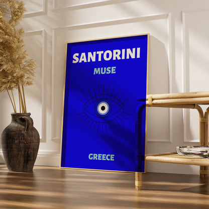 Santorini Greece Travel Poster, Evil Eye Wall Art, Greek Island Print, Blue Retro Decor