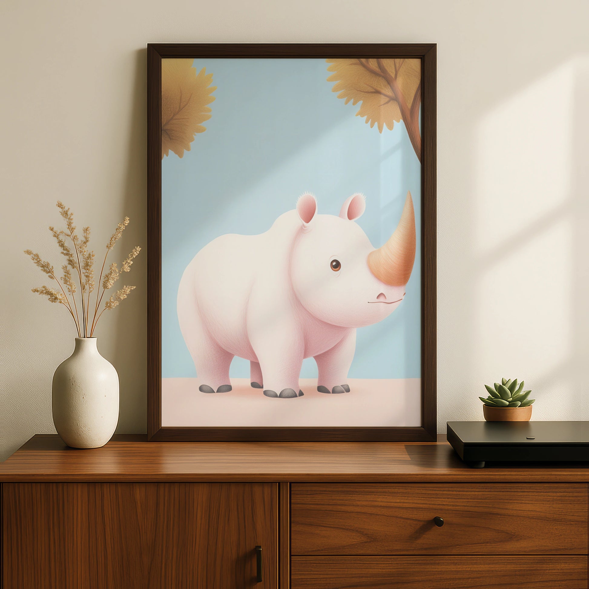 Cute Rhino Nursery Wall Art, Baby Animal Poster, Safari Kids Room Print, Blue