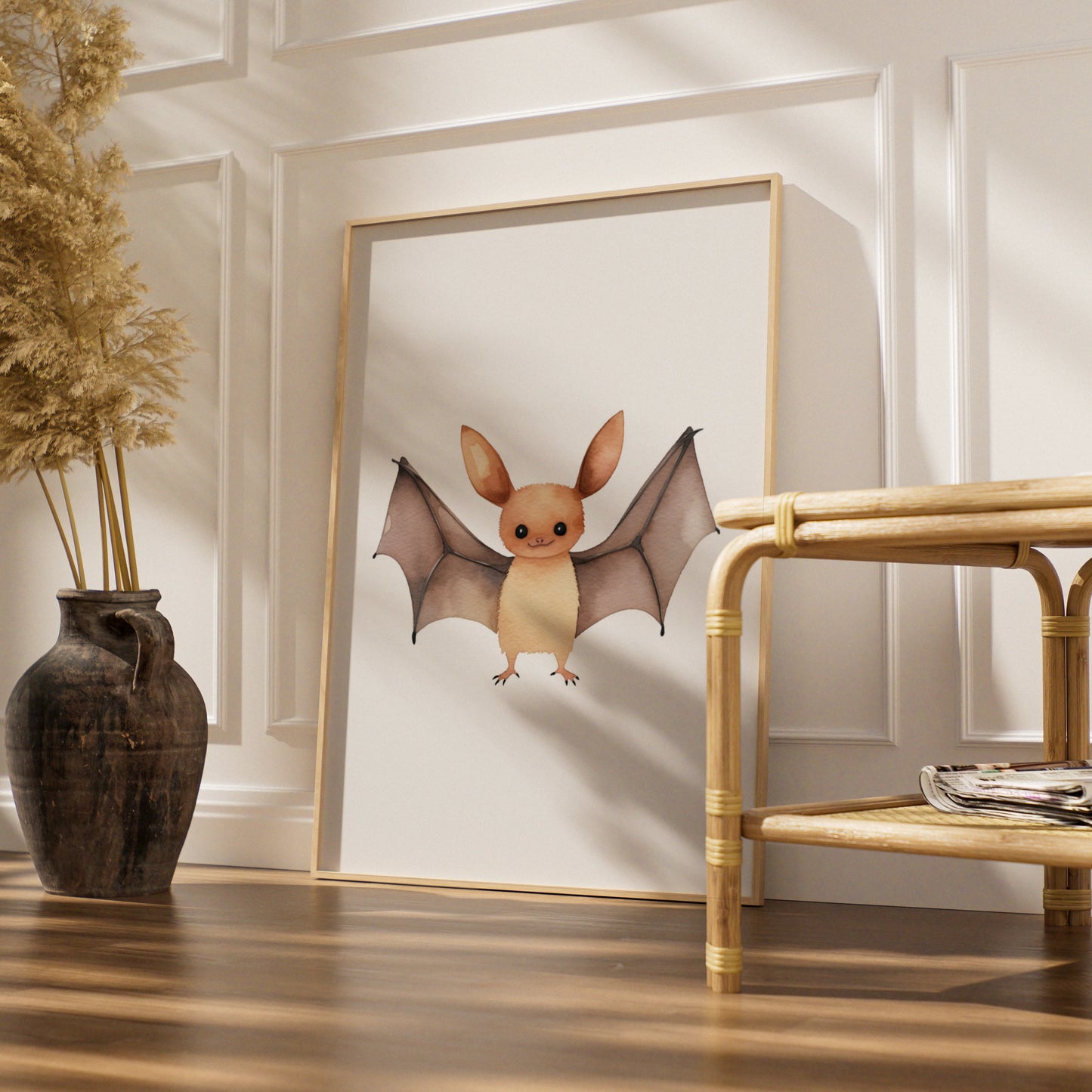 Cute Bat Nursery Wall Art, Watercolour Animal Poster, Kids Room Decor Print
